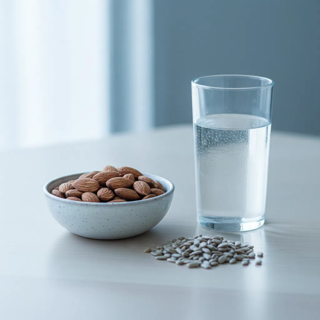 Amandelen, zonnebloempitten en een glas water op een houten tafel als illustratie van B-vitamines en mineralen