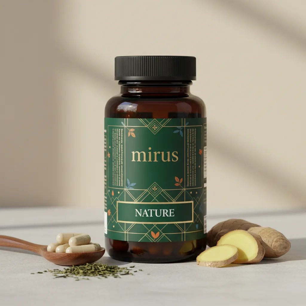 Mirus witte plastic apothekersfles met capsules en ingrediënten op een lichte achtergrond